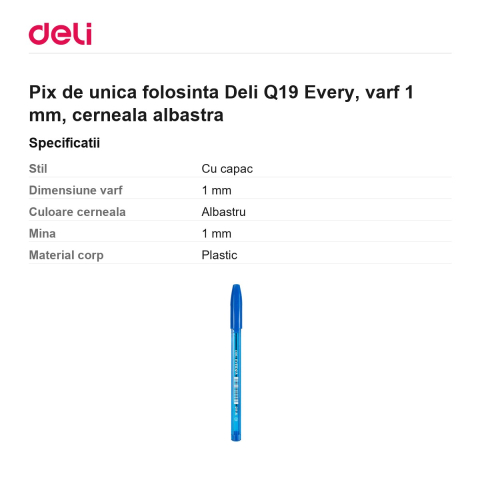 Pix de unica folosinta Deli Q19 Every, varf 1 mm, cerneala albastra [2]
