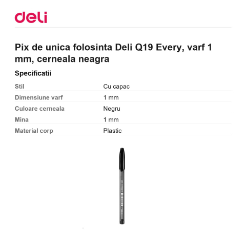 Pix de unica folosinta Deli Q19 Every, varf 1 mm, cerneala neagra [2]