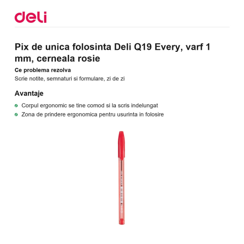 Pix de unica folosinta Deli Q19 Every, varf 1 mm, cerneala rosie [1]