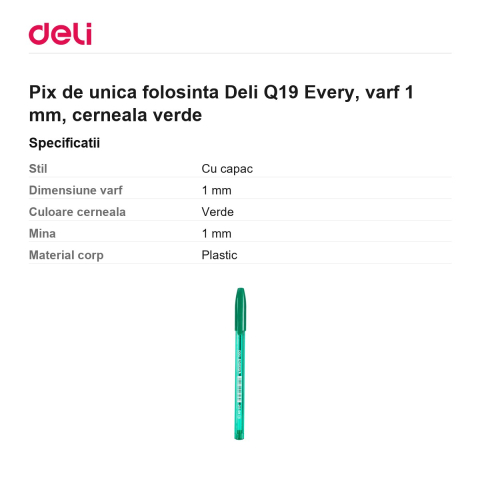 Pix de unica folosinta Deli Q19 Every, varf 1 mm, cerneala verde [2]
