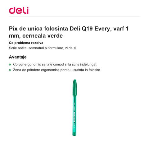 Pix de unica folosinta Deli Q19 Every, varf 1 mm, cerneala verde [1]