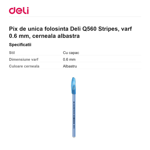 Pix de unica folosinta Deli Q560 Stripes, varf 0.6 mm, cerneala albastra [2]