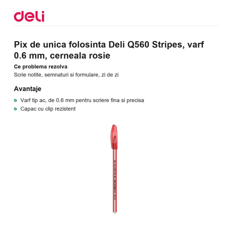 Pix de unica folosinta Deli Q560 Stripes, varf 0.6 mm, cerneala rosie [1]
