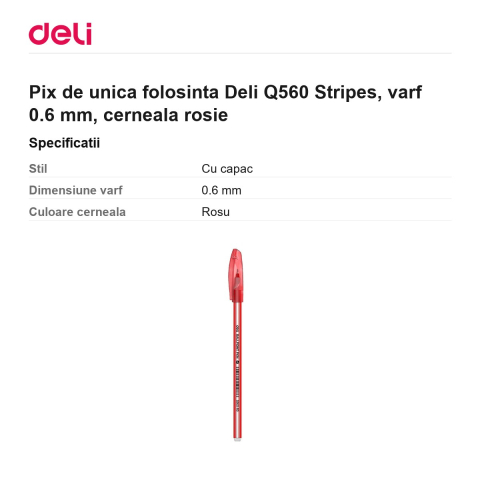 Pix de unica folosinta Deli Q560 Stripes, varf 0.6 mm, cerneala rosie [2]