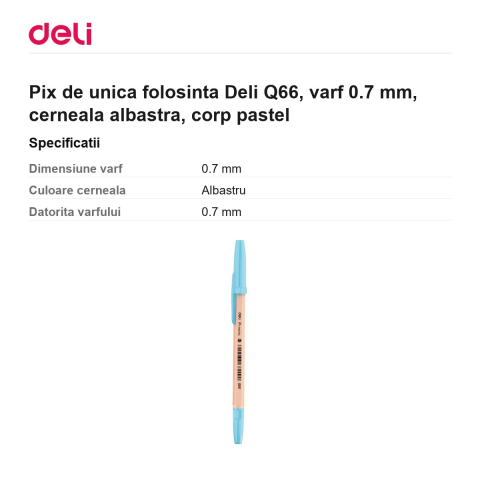 Pix de unica folosinta Deli Q66, varf 0.7 mm, cerneala albastra, corp pastel [2]