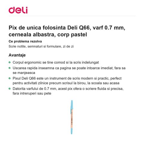 Pix de unica folosinta Deli Q66, varf 0.7 mm, cerneala albastra, corp pastel [1]