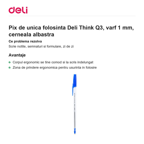 Pix de unica folosinta Deli Think Q3, varf 1 mm, cerneala albastra [1]
