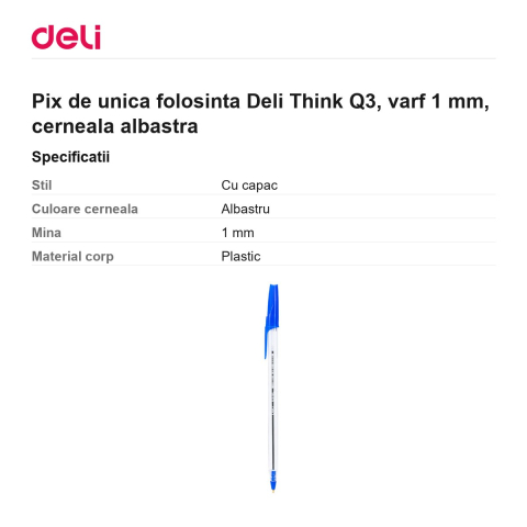 Pix de unica folosinta Deli Think Q3, varf 1 mm, cerneala albastra [2]