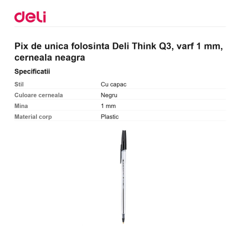 Pix de unica folosinta Deli Think Q3, varf 1 mm, cerneala neagra [2]