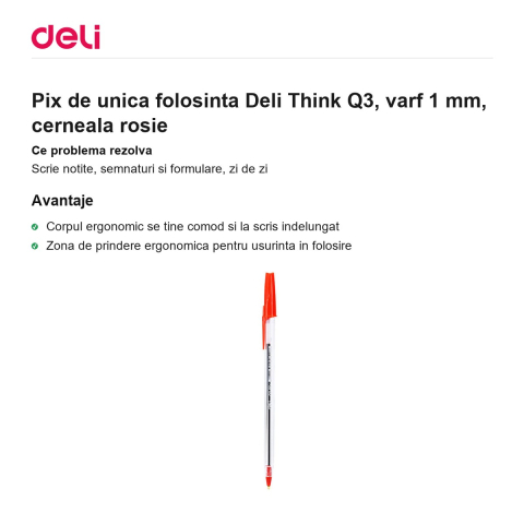 Pix de unica folosinta Deli Think Q3, varf 1 mm, cerneala rosie [1]