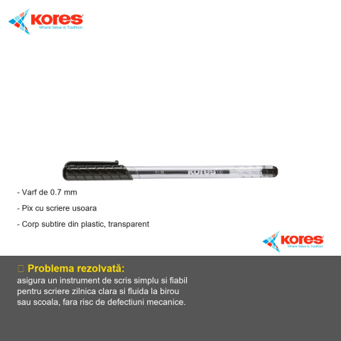 Pix de unica folosinta Kores K1, varf 0.7 mm, cerneala neagra, corp transparent, pentru scriere zilnica [1]