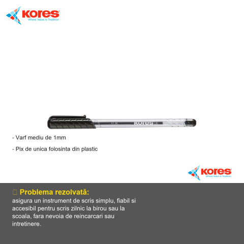 Pix de unica folosinta Kores K1, varf mediu 1mm, cerneala neagra, pentru scris zilnic [1]