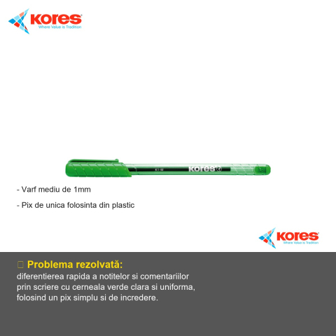 Pix de unica folosinta Kores K1, varf mediu 1mm, cerneala verde, pentru scriere zilnica [1]