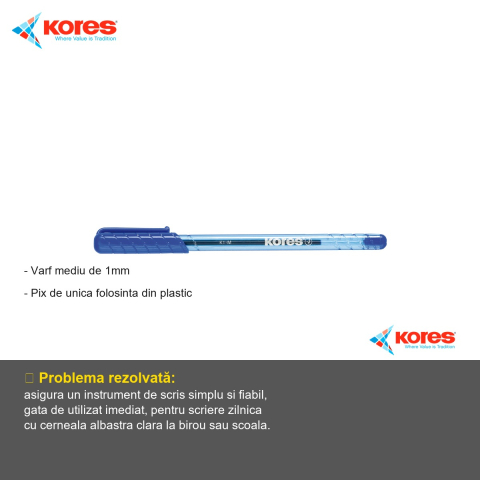 Pix de unica folosinta Kores K1, varf mediu 1mm, scriere albastra, pentru birou si scoala [1]