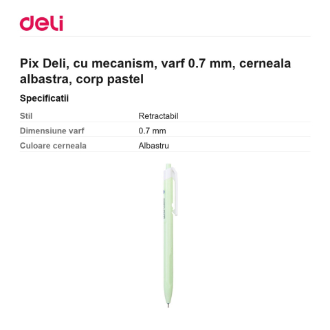 Pix Deli, cu mecanism, varf 0.7 mm, cerneala albastra, corp pastel [2]