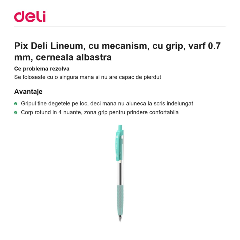Pix Deli Lineum, cu mecanism, cu grip, varf 0.7 mm, cerneala albastra [1]