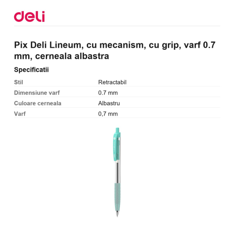 Pix Deli Lineum, cu mecanism, cu grip, varf 0.7 mm, cerneala albastra [2]