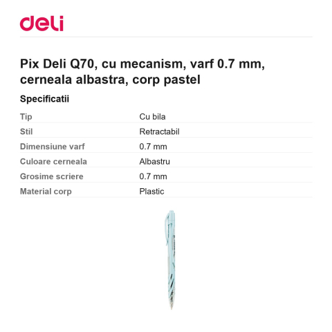 Pix Deli Q70, cu mecanism, varf 0.7 mm, cerneala albastra, corp pastel [2]