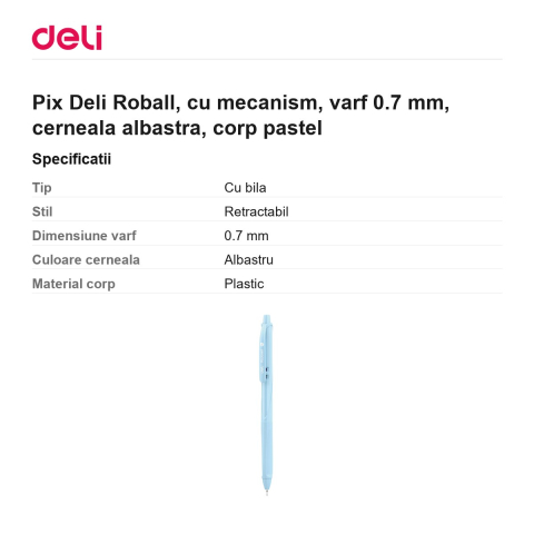 Pix Deli Roball, cu mecanism, varf 0.7 mm, cerneala albastra, corp pastel [2]
