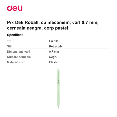 Pix Deli Roball, cu mecanism, varf 0.7 mm, cerneala neagra, corp pastel [2]