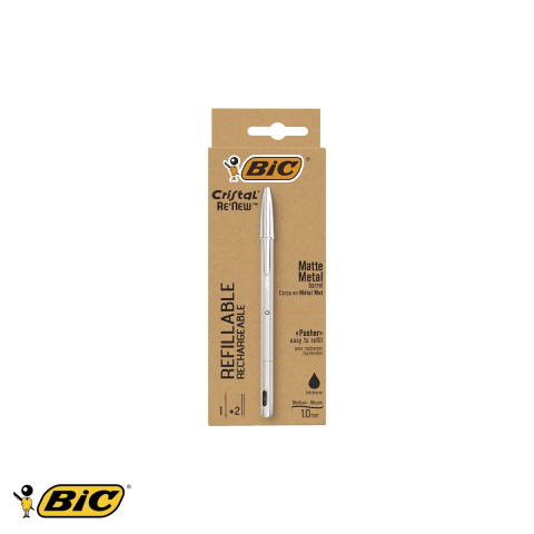 Birotica papetarie - Pix metalic Bic cu mecanism, corp argintiu mat, cerneala neagra, cu 2 rezerve incluse