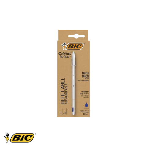 Birotica papetarie - Pix metalic cu mecanism Bic, corp argintiu mat, cerneala albastra, cu 2 rezerve incluse