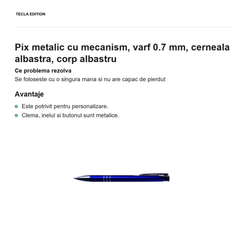 Pix metalic cu mecanism, varf 0.7 mm, cerneala albastra, corp albastru [1]