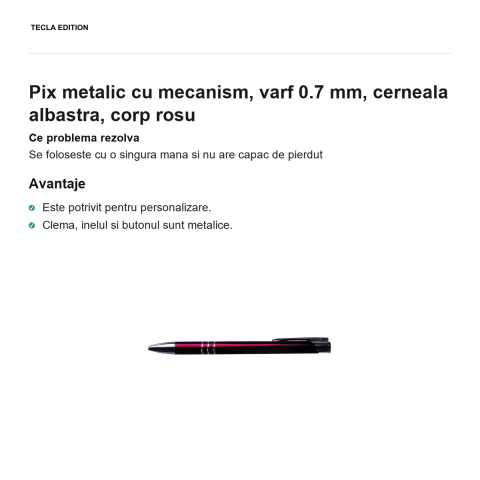 Pix metalic cu mecanism, varf 0.7 mm, cerneala albastra, corp rosu [1]
