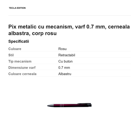 Pix metalic cu mecanism, varf 0.7 mm, cerneala albastra, corp rosu [2]