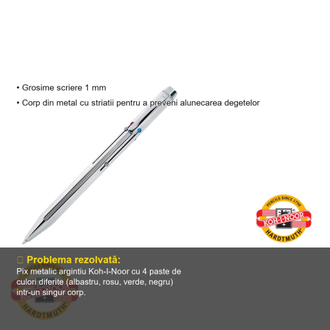 Pix metalic Koh-I-Noor, 4 culori (albastru, rosu, verde, negru), corp argintiu antiderapant, scriere 1 mm [2]