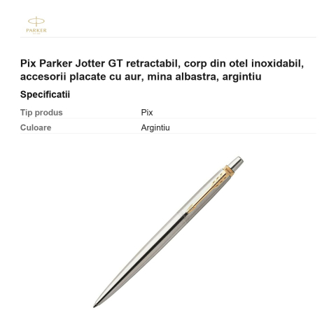 Pix Parker Jotter GT retractabil, corp din otel inoxidabil, accesorii placate cu aur, mina albastra, argintiu [2]