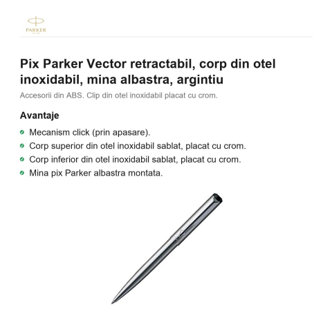 Pix Parker Vector retractabil, corp din otel inoxidabil, mina albastra, argintiu [1]