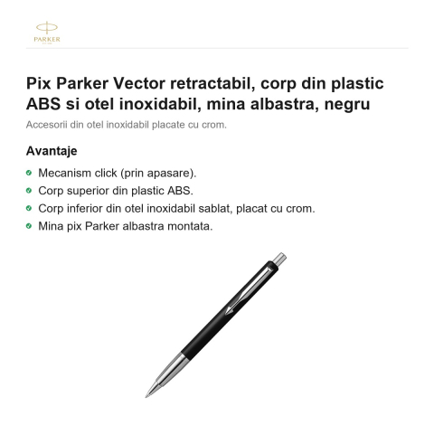 Pix Parker Vector retractabil, corp din plastic ABS si otel inoxidabil, mina albastra, negru [1]