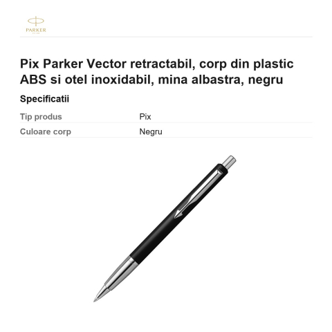 Pix Parker Vector retractabil, corp din plastic ABS si otel inoxidabil, mina albastra, negru [2]