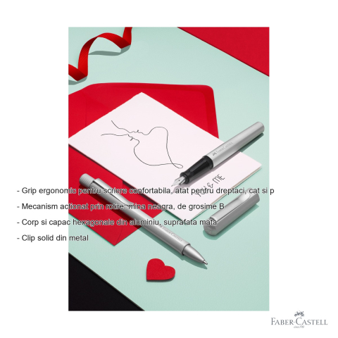 Pix premium Faber-Castell Hexo argintiu mat, corp aluminiu hexagonal, mina neagra B, pentru scriere confortabila [1]