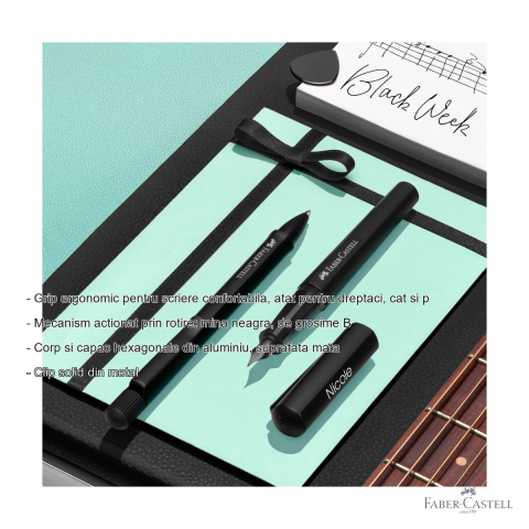 Pix premium Faber-Castell Hexo negru mat, corp aluminiu hexagonal, mecanism rotativ, mina neagra B [1]