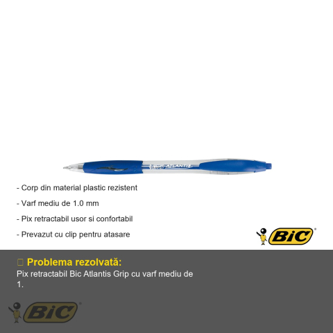 Pix retractabil Bic Atlantis Grip, varf mediu 1.0 mm, scriere fluida, albastru [1]