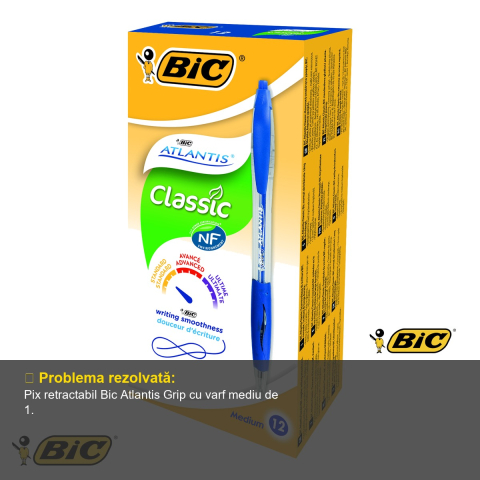 Pix retractabil Bic Atlantis Grip, varf mediu 1.0 mm, scriere fluida, albastru [3]