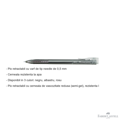 Pix retractabil Faber-Castell RX5, semi-gel cu varf needle 0.5 mm, scriere fluida, negru [1]