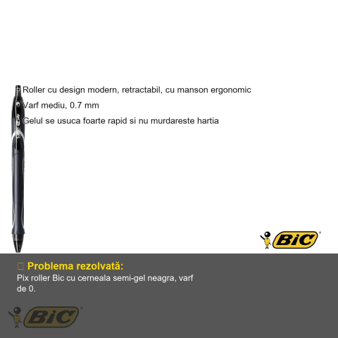 Pix roller Bic Quick-Dry semi-gel retractabil, varf mediu 0.7 mm, cerneala neagra cu uscare rapida [2]