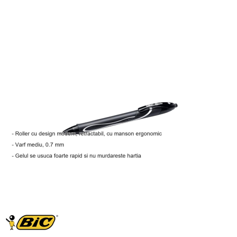 Pix roller Bic Quick-Dry semi-gel retractabil, varf mediu 0.7 mm, cerneala neagra cu uscare rapida [1]