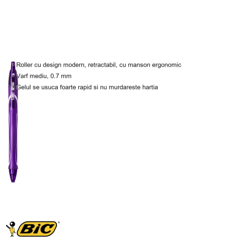 Pix roller gel retractabil Bic Quick-Dry, varf mediu 0.7 mm, cerneala mov, uscare rapida [2]
