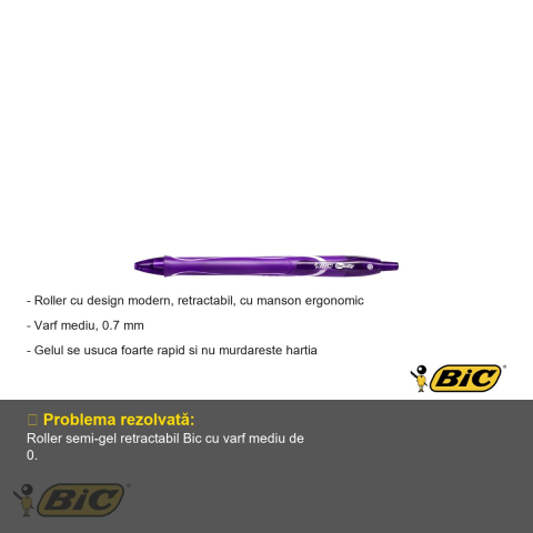 Pix roller gel retractabil Bic Quick-Dry, varf mediu 0.7 mm, cerneala mov, uscare rapida [1]