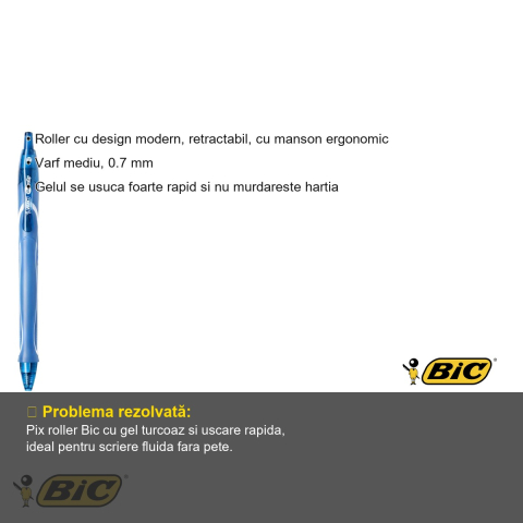 Pix roller retractabil Bic Quick-Dry, gel semi-lichid turcoaz, varf mediu 0.7 mm, uscare rapida [2]