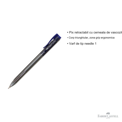 Pix roller retractabil Faber-Castell RX10, cerneala semi-gel albastra, varf needle 1.0 mm, corp triunghiular ergonomic [2]