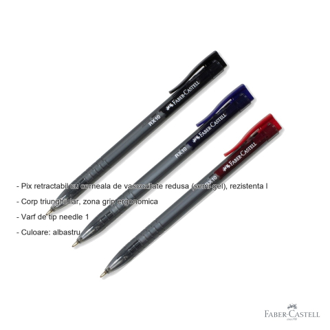 Pix roller retractabil Faber-Castell RX10, cerneala semi-gel albastra, varf needle 1.0 mm, corp triunghiular ergonomic [1]