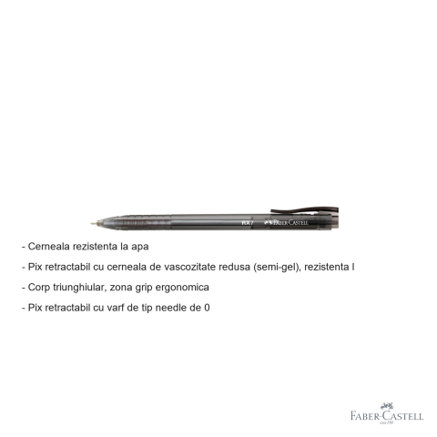 Pix roller retractabil Faber-Castell RX7, cerneala semi-gel negra, varf needle 0.7 mm, corp triunghiular ergonomic [1]