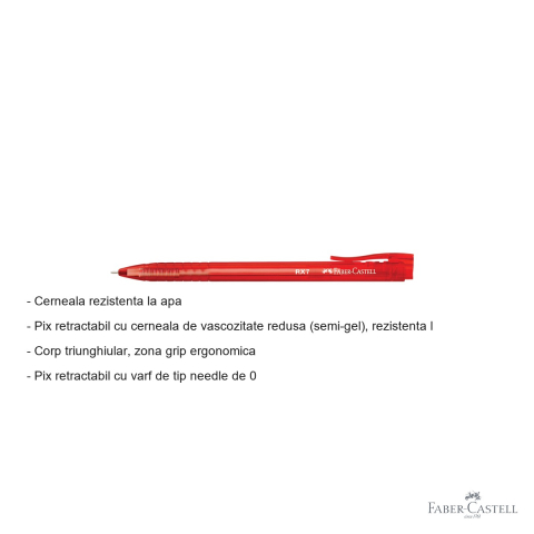 Pix roller retractabil Faber-Castell RX7, semi-gel, varf needle 0.7 mm, cerneala rosie rezistenta la apa [1]