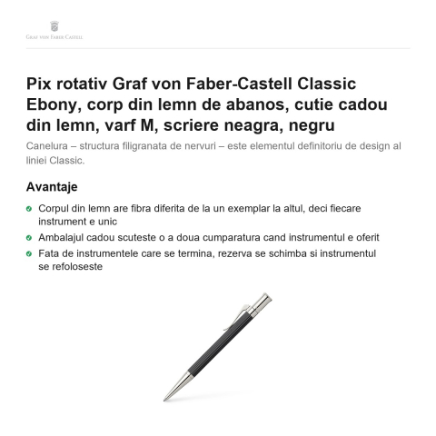 Pix rotativ Graf von Faber-Castell Classic Ebony, corp din lemn de abanos, cutie cadou din lemn, varf M, scriere neagra, negru [1]