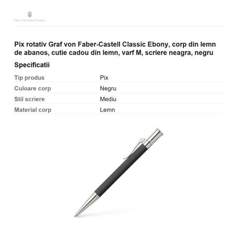 Pix rotativ Graf von Faber-Castell Classic Ebony, corp din lemn de abanos, cutie cadou din lemn, varf M, scriere neagra, negru [2]
